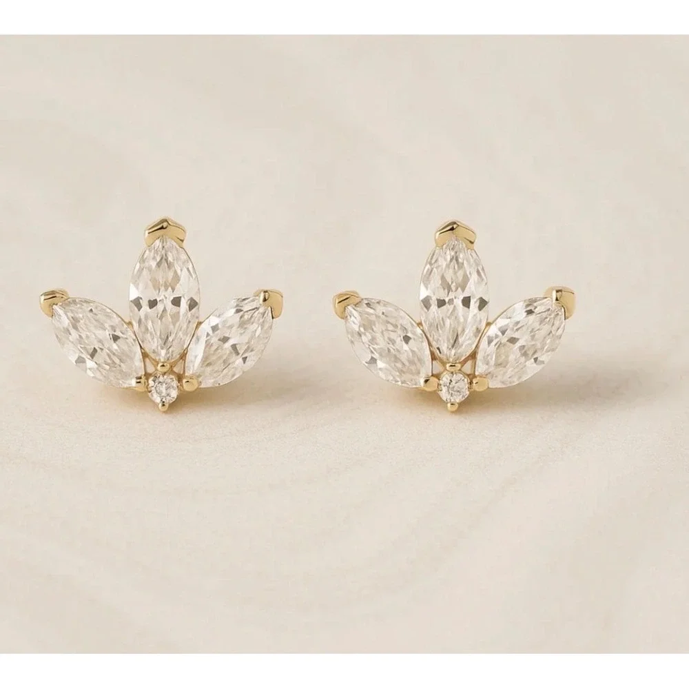 925 Sterling Silver 18k Gold Plated Dainty Marquise CZ Stud Earrings